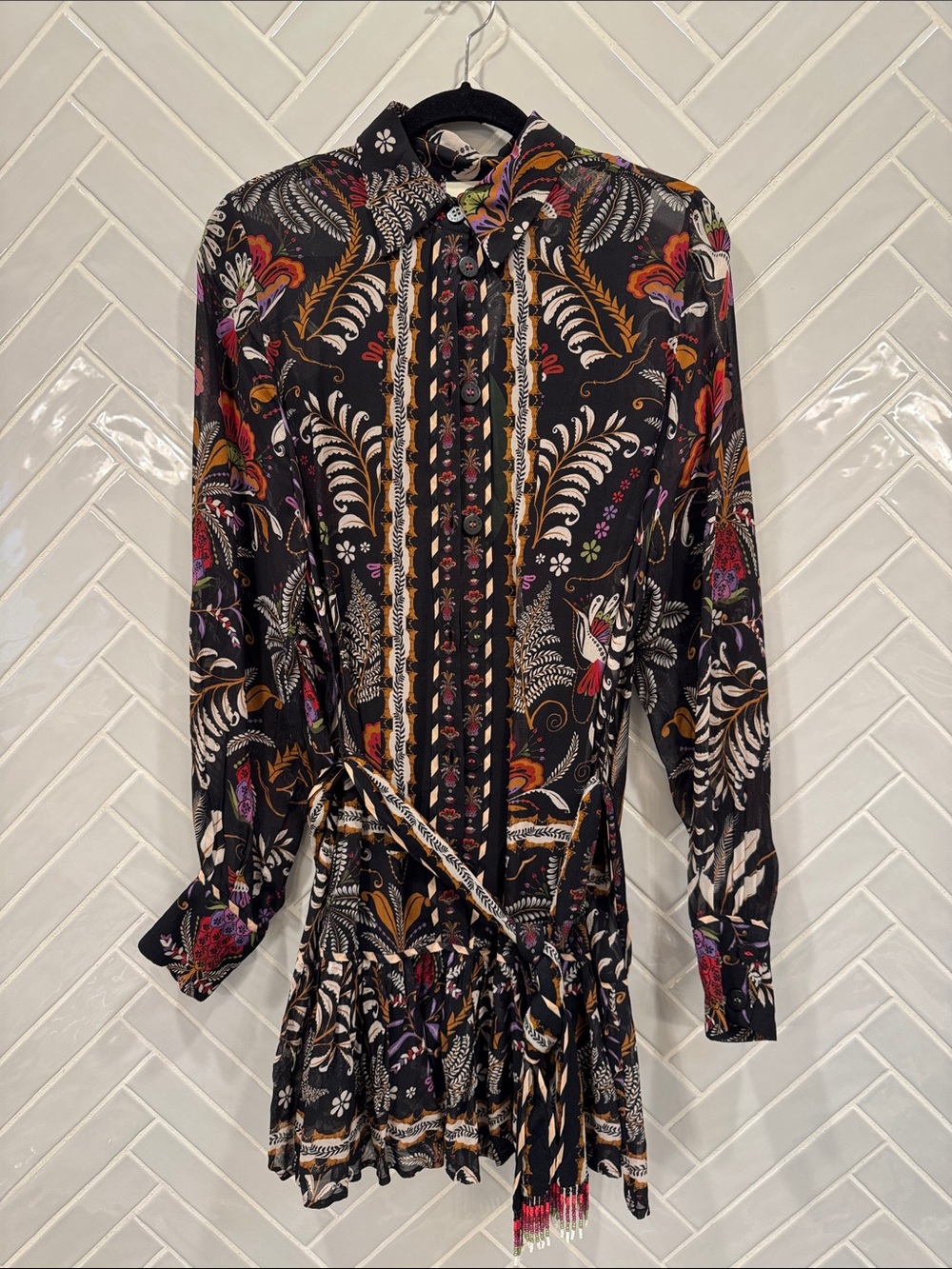 FARM Rio Black Floral Long-Sleeve Button-Front Shirt Dress with Belt